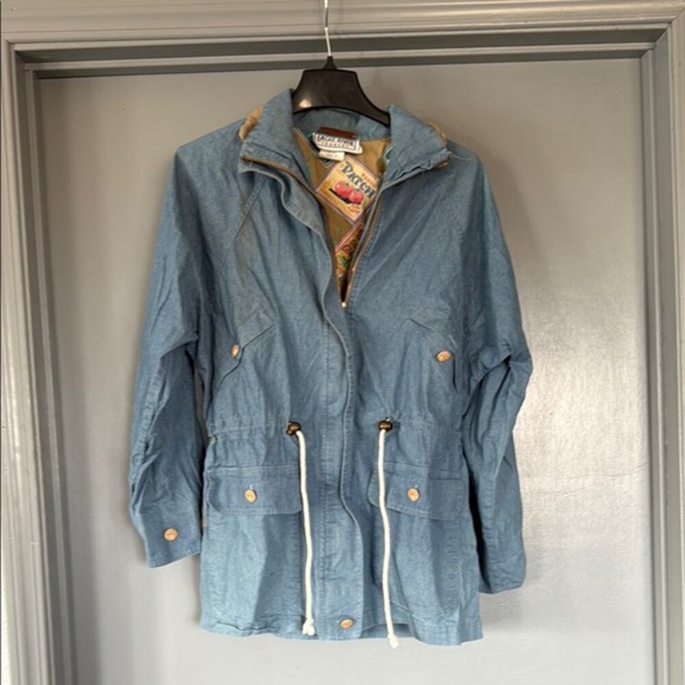Vtg Eagle River Traders Women Blue Denim Zip Jacket Pockets Drawstring sz 10 USA